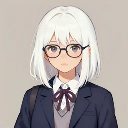 a cute girl with cut to shoulder white hair wearing school uniform, wearing glasses, strong brush stroke, sharp focus, illustration, morandi color scheme, art station, by ilya kuvshinov