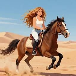 shakira riding a horse through the desert, digital art, anime