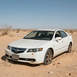 a wrecked 2 0 0 8 acura arx - 0 1 b, abandoned in a desert, dusty, damaged, some rust