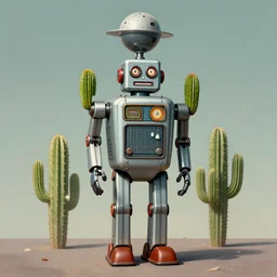 full body shot shot of a 1950s retro Cactus robot, with space above the head. full body. Bionic cacti Arms and eyes. pop surrealism, poster art, muted colours. by Jean-Baptiste Monge, wide shot