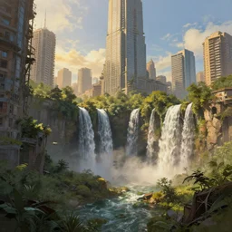 overgrown post apocalyptic city with waterfalls and skyscrapers, digital painting, sharp focus, golden hour, sharp, detailed, highly detailed, by greg rutkowski