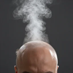 steam comes out from the head of a bald man