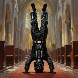 A highly detailed insanely beautiful painting of Darth Vader making a headstand in a church