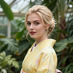 head to shoulder portrait photograph of an elegant blond woman wearing a yellow kimono in a tropical greenhouse. looking at the camera!!. super resolution. 85 mm f1.8 lens.bokeh.graflex. Alessio albi