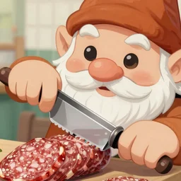 illustration close up of gnome chopping salami with slicer, realistic, close up, detailed, 4 k hd