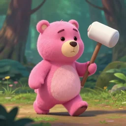 pink chocolate teddy bear walking in a forest in the croods movie style, holding a mallet large & white, anime, disney, pixar, 8 k, hd, dof, kodak film, volumetric lighting, subsurface scattering, photorealistic, octane render, details