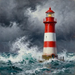 a lighthouse weathering the incoming storm, oil painting, panic colors, high-res