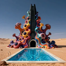 a blue swimming pool in front of a huge black tower in the desert, fluid, smooth, organic, crazy, bright, colours, tumours, high contrast, sharpness, dramatic, very detailed, intricate, by giger and corben and moebius and beksinski and bosch and bacon