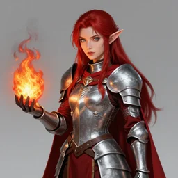 portrait character design a female elven cleric with red long hair, grey eyes, metal armor, red cape, holding a fireball, style of witcher and kingdom hearts and arcane, 3 d animation demo reel, portrait studio lighting by rebecca guay and alphonce mucha and gaston bussiere,