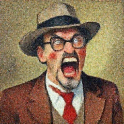 painting of nostalgia critic wearing glasses with a goatee and a hat, iconic red tie and suit jacket, screaming, angry, long tall face with pointed teeth, red round cheeks, jon hale!!