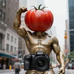a photograph of a muscular statue with a tomato as head, in the middle of new york, shot with a premium dslr camera