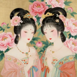 breathtaking detailed concept art painting blend of two goddess of pink peony flowers by hsiao ron cheng vintage illustration pattern wit