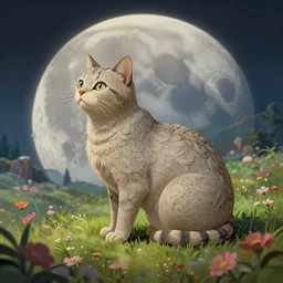 cat on the moon, ghibli landscape illustration close floral clearing and mountains in the background, deep focus, d & d, fantasy, intricate, elegant, highly detailed, digital painting, artstation, concept art, matte, sharp focus, illustration, hearthstone, art by fire watch game and greg rutkowski, no characters