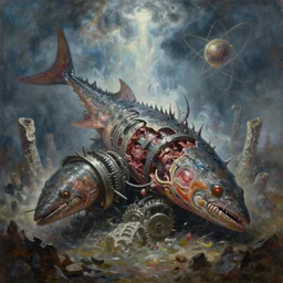 oil painting of 2 5 th century helicoprion eviscerated by sentient hadron collider gear box, surrounding with fossilized atomic sky hellstorm, epic fine art painting, cinematic, in style of michael whelan