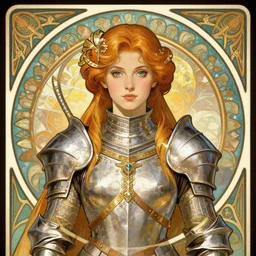 young paladin woman, symmetrical portrait RPG avatar, by Mucha, intricate, 8k,