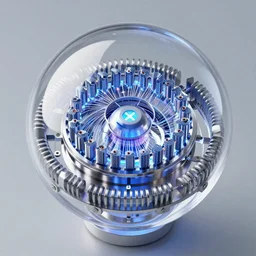 8k ultra fine line photorealistic 128 bit energized 12 channel toroidal mechanism surrounding an 12 channel 128 bit energized ion trapping microwave nucleation chamber emitting X-rays inside a rotating clear glass sphere