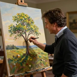 tom cruise as bob ross, painting a happy little tree on canvas, cinematic still, amazing photo