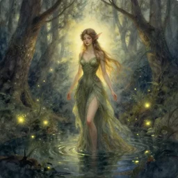 beautiful dryad fae rising from a forest pond, fireflies flying. watercolor fairytale art, russian romanticism, muted palette, intricate details, backlighting