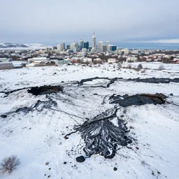 Snowy landscape with pits of lava, city in the background