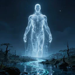 eerie, greek fantasy panorama, a magnificent translucent shining ghost giant above the magic shining river styx, at night, otherworldly, ghost giant above the horizon, stanley kubrick, sharp focus, wide shot, surreal, deep
