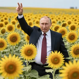 Vladimir Putin frolicking in a field of sunflowers, ultrarealistic, 8k,