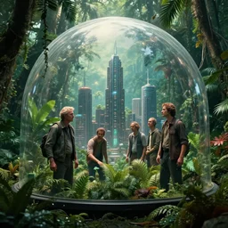 movie still frame, trapped inside a dome in a futuristic city in the jungle, beautiful composition, 8 k, cgi, by ridley scott, james cameron, zack snyder and michael bay