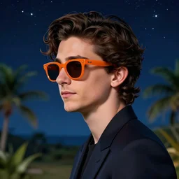Timothee Chalamet under a starry night, portait photo, profile picture, hyperrealistic, concept art, orange sunglasses, tropical background, night time, octane render, unreal engine 5, digital art, high quality, highly detailed, 8K, cute, defined face, elegant clothes, trending on DeviantArt