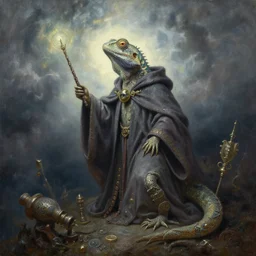 portrait oil painting, an ethereal lizard wearing a wizard cloak, holding a magic wand, stormy skies, ultra realistic, wide angle, intricate details, artifacts, luminous skies, highly detailed, michael cheval, peter mohrbacher, boris vallejo, jessica rossier, oil painting, highly detailed, cinematic lighting