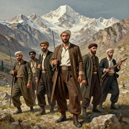 kurdish freedom fighters in the mountains art by martin ansin, highly detailed, 8 k, high resolution, award winning art, incredibly intricate