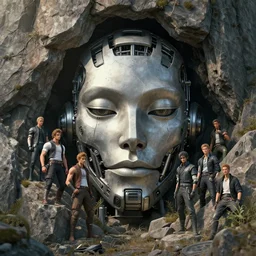 a fancy portrait of a giant michanical face buried half way in a cliff face by Greg Rutkowski, Sung Choi, Mitchell Mohrhauser, Maciej Kuciara, Johnson Ting, Maxim Verehin, Peter Konig, final fantasy, Marco lense , 8k photorealistic, cinematic lighting, HD, high details, atmospheric , trending on artstation