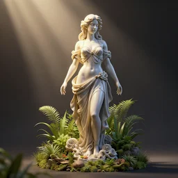 baroque vaporwave statue, high detail, rendered in unreal engine, 3d render, god rays, volumetric lighting, award winning, photorealistic, vegetation