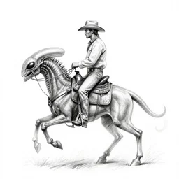 a pencil sketch of a cowboy riding a xenomorph, white background