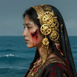portrait of chitral woman :: side profile :: in ocean :: clockwork details :: gold :: blood and horror ::  by vikings and Sandra Chevrier