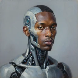 a realistic oil painting of a black man as a cybernetic cyborg, surrealism portrait, surrealism album cover