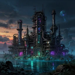 industrial architecture by ted nasmith, at night studio ghibli bioshock retrowave extraterrestial wilderness azeroth tundra sunlight darkacademia water earth magic realism otherworldly nightvision steampunk uv light neon noir nature at dusk vaporwave postcyberpunk, archdaily, wallpaper, highly detailed, trending on artstation.