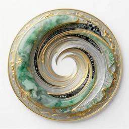 three dimensional multilayered patterns inside a spiraling vortex, intricate detail, complex, jade, gold, silver, obsidian, ornate,