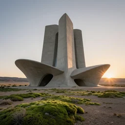 sci - fi concrete brutalist architecture in the utah desert, zaha hadid, beksinski, photoreal, highly detailed, 8 k, hd, vray, artstation, trending on behance, cinematic matte painting, extreme detail photo quality, green moss, sunrays, sunset, featured on behance