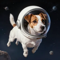 absolutely white jack russell terrier broken, flying in space in a helmet, photorealism, digital painting, super quality, 4 k