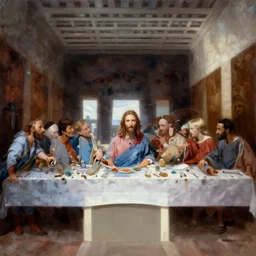 painting of cate blanchett as Jesus in the last supper by Leonardo davinci
