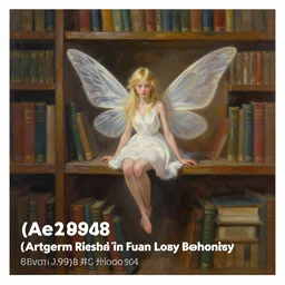 a painting of a tiny!!! fairy flying sitting on a bookshelf, ((((library interior)))), Blond hair, white dress!!! Front fancing portrait, concept art by artgerm, alex ross, ruan jia, behance contest winner, vanitas, official art, poster art, concept art
