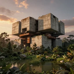 brutalist architecture, streetscapes, surrounded by lush green forest and murky ponds of water, stunning volumetric lighting, sunset, rusted steel, smooth solid concrete, stunning skies, trending on Artstation, 8k, photorealistic, hyper detailed, unreal engine 5, IMAX quality, cinematic, epic lighting, in the style of the game DOOM, by Greg Rutkowski