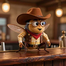 a huge fly dressed as a cowboy at a saloon bar realistic cinematic 3 5 mm