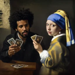 the weeknd and drake playing cards by johannes vermeer, brown skin, classical painting, digital painting, romantic, vivid color, oil painting