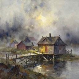 paint brush strokes, abstract watercolor painting of rustic village, jetty house, viking age, fog, ambient lighting, art by hans dahl, by jesper ejsing, art by anders zorn, by makoto shinkai, wonderful masterpiece by greg rutkowski, cinematic light, american romanticism by greg manchess, creation by tyler edlin