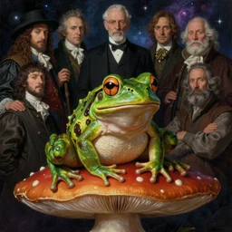 cosmic horror frog sitting on mushroom, full body, hyper realistic, extremely detailed, dnd character art portrait, dark fantasy art, intricate fantasy painting, dramatic lighting, vivid colors, deviantart, artstation, by edgar maxence and caravaggio and michael whelan and delacroix, lovecraft and greg rutkowski, luis royo and wayne barlowe