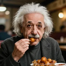 A photo of Albert Einstein eating Golgappa, highly detailed, trending on artstation, bokeh, 90mm, f/1.4
