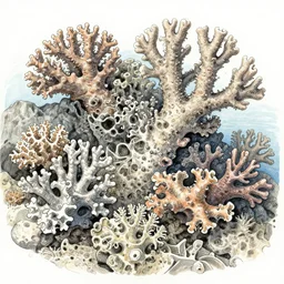 form, depth, internal contours, gouache and ink watercolor of coral life nuanced shading stunning extravagant rocky sea floor glimmering thin details mixed media aged fresco, abandoned scuba visor cracked multifaceted photo of a painting