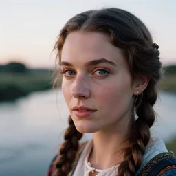 closeup _ plate _ photography _ portrait _ of _ a _ stunningly _ beautiful _ highland renaissance _ female _ healthy maiden face _ in _ soft _ dreamy _ light _ at _ sunset _ beside _ the _ river _ soft _ focus, annie leibovitz, hasselblad, nikon, steve mccurry, david lazar, jimmy nelsson