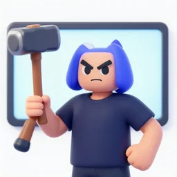 a photo of a discord moderator holding a big hammer and looking angrily at a screen