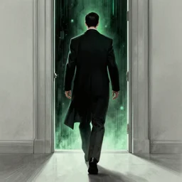 a man walking into the matrix, concept art, illustration, highly detailed, artwork